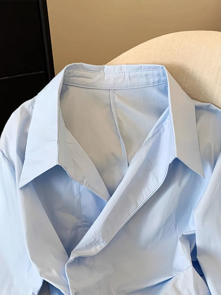 Designer Unregelmäßige Langarm Poloshirt Frauen Tunika Weiß – Bild 2