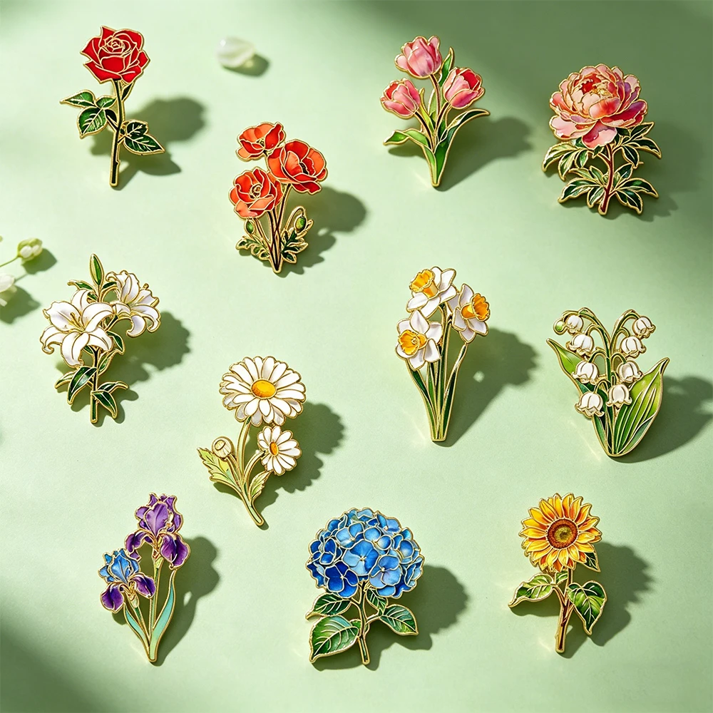 Elegante botanische Emaille-Blumenanstecker, sortierte