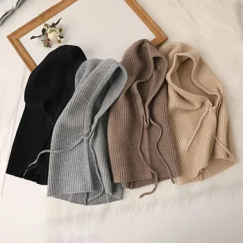 Koreanischen Stil Gestrickte Balaclava Hut mit Kordelzug Kapuze Frauen Winter Einteiliges Hals Wärmer Outdoor