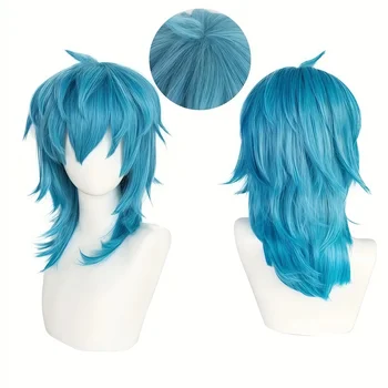 Künstliche mittellange, gerade, blaue Salic-Cosplay-Frisur mit Pony, synthetische Perücke für Geburtstage