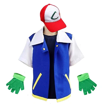Pokemon Anime Ash Ketchum Kostüme Erwachsene Kinder Halloween Trainer Cosplay Party Blaue Jacke Kappe