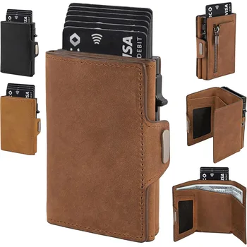 Pop-Up RFID Slim Kartenhalter Geldbörse für Herren Minimalistische Leder-Kreditkartenbörse mit Bargeldfach