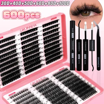 GROINNEYA DIY Wimperncluster-Set, gemischtes Tablett, Wimpernverlängerung, komplettes Set, einzelne Wimpern