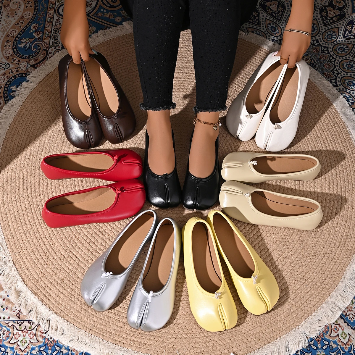 Damen Split Toe Ballerinas Weiche PU Leder Loafer Bequeme