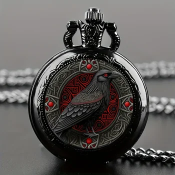 Schwarze Raben-Taschenuhr im Gothic-Design mit Halskette, Legierungsgehäuse und Band, Quarzwerk, nicht