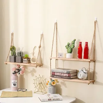 Schwimmende Holzregale für Wandpflanzen, Blumen, Holzschaukel, Hängeseil, Aufbewahrung, Zuhause, Wohnzimmer