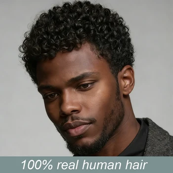 Herrenperücke Pixie Cut Echthaar Afro Lockenperücke Schwarze Haarfarbe Maschinengefertigt Länge 6 Zoll Dichte