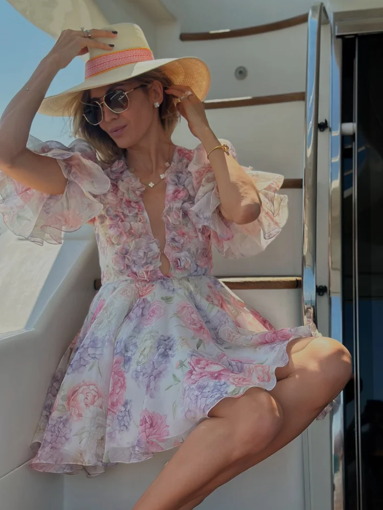 Süße Rosa Chiffon Frauen Kurzes Kleid Mode 3D Blume Große – Bild 3