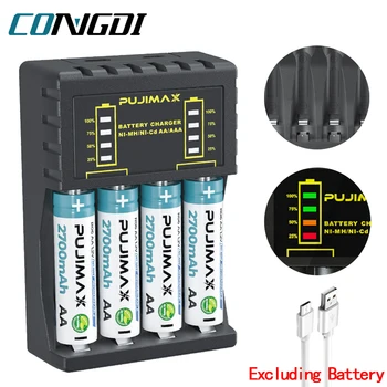 AA/AAA-Akkuladegerät, 4 Steckplätze, intelligente LED-Anzeige, USB-C-Mikro-Ladegerät für wiederaufladbare