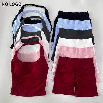 Kein Logo 2-teiliges Fitnessstudio-Set für Damen, rückenfrei, Neckholder-Tops, hohe Taille, nahtlose Shorts