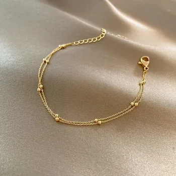 Trendy Doppel Schichten Kleine Runde Perlen Armband frauen Hand Armbänder Gold Farbe Kette Einfache Weibliche