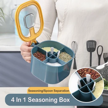 4-in-1-Gewürzbox mit Löffel, Gewürzglas mit mehreren Fächern, Salz, Pfeffer, Gewürzdosen, Töpfe