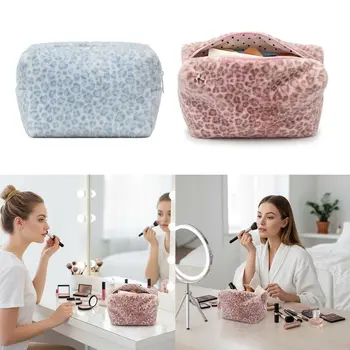Robuste, flauschige Make-up-Tasche, großes Fassungsvermögen, tragbare Kosmetiktasche, Leopardenmuster