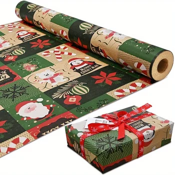 Weihnachtsverpackungspapierrolle - festliches Kraftpapier mit Schneeflocken-, Baum- und Ornamentmustern, ideal