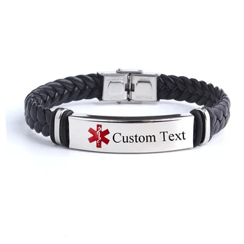 Personalisierte Medizin SOS Personalisierte Text Weben Leder Armbänder Gravieren Logo Name Edelstahl Armband