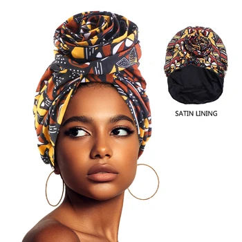 Frau Afrikanische Satin Gefüttert Turban Kappe Große Blume Hut Floral Gedruckt Headwrap Motorhaube
