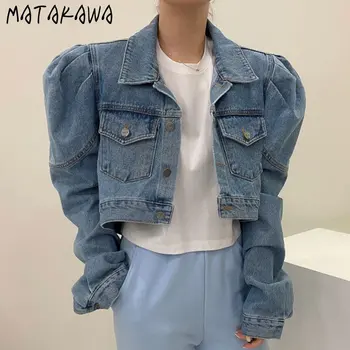 Matakawa Kurze Jacken Frauen Solide Herbst Puff Sleeve Vintage Koreanische Mode Denim Chaquetas Einfache