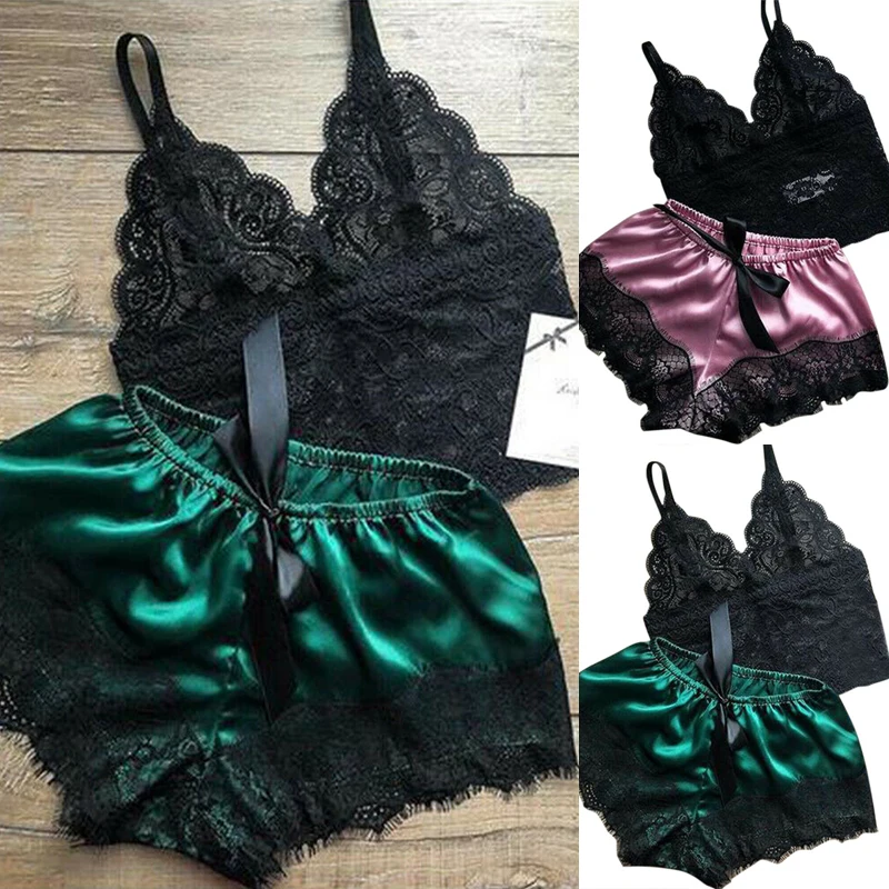 2PCS Damen Spitze Nachtwäsche Dessous Tops Shorts Set – Bild 2