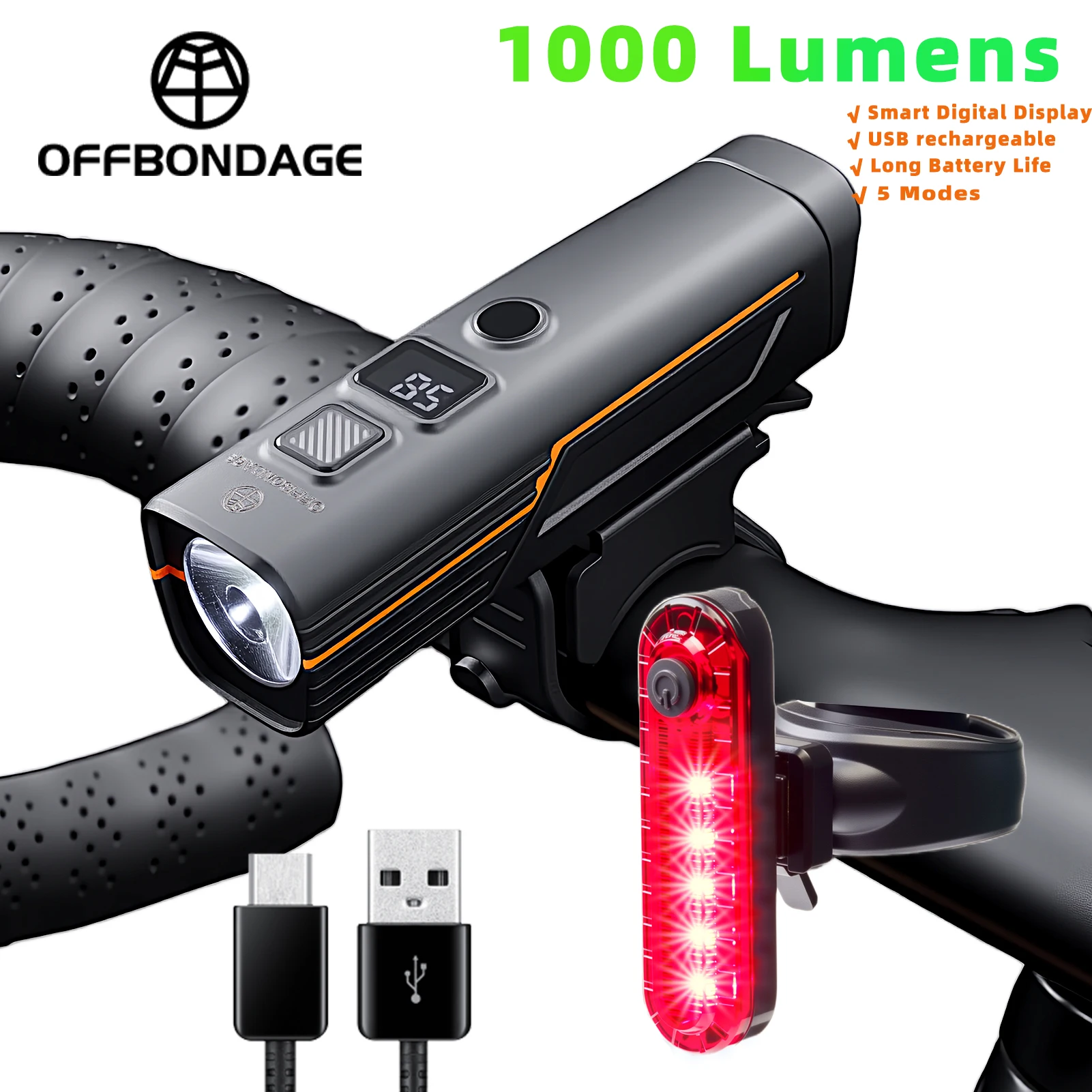 OFFBONDAGE Fahrradlicht LED Vorderlicht USB Wiederaufladbar
