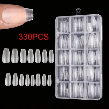 Schachtel mit 330 kurzen Mandel-Nagelspitzen - verbesserte matte Gel-Nagelaufkleber, keine Feile, vorgeformte