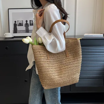 Handgewebte Damen-Schulterhandtasche, Bohemian-Stil, 2022, Sommermode, Stroh, Strand-Einkaufstasche