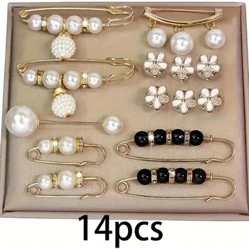 Elegantes Broschen-Set mit Kunstperlen, aus Legierung und Kunststoff, unregelmäßige Form, geeignet (14 Stück)