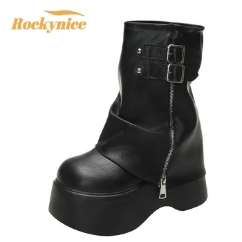 Weiches Leder Knöchel mittlere Wade Stiefel Winter Herbst hohe Plattform Keil britische Stiefeletten Frau neue