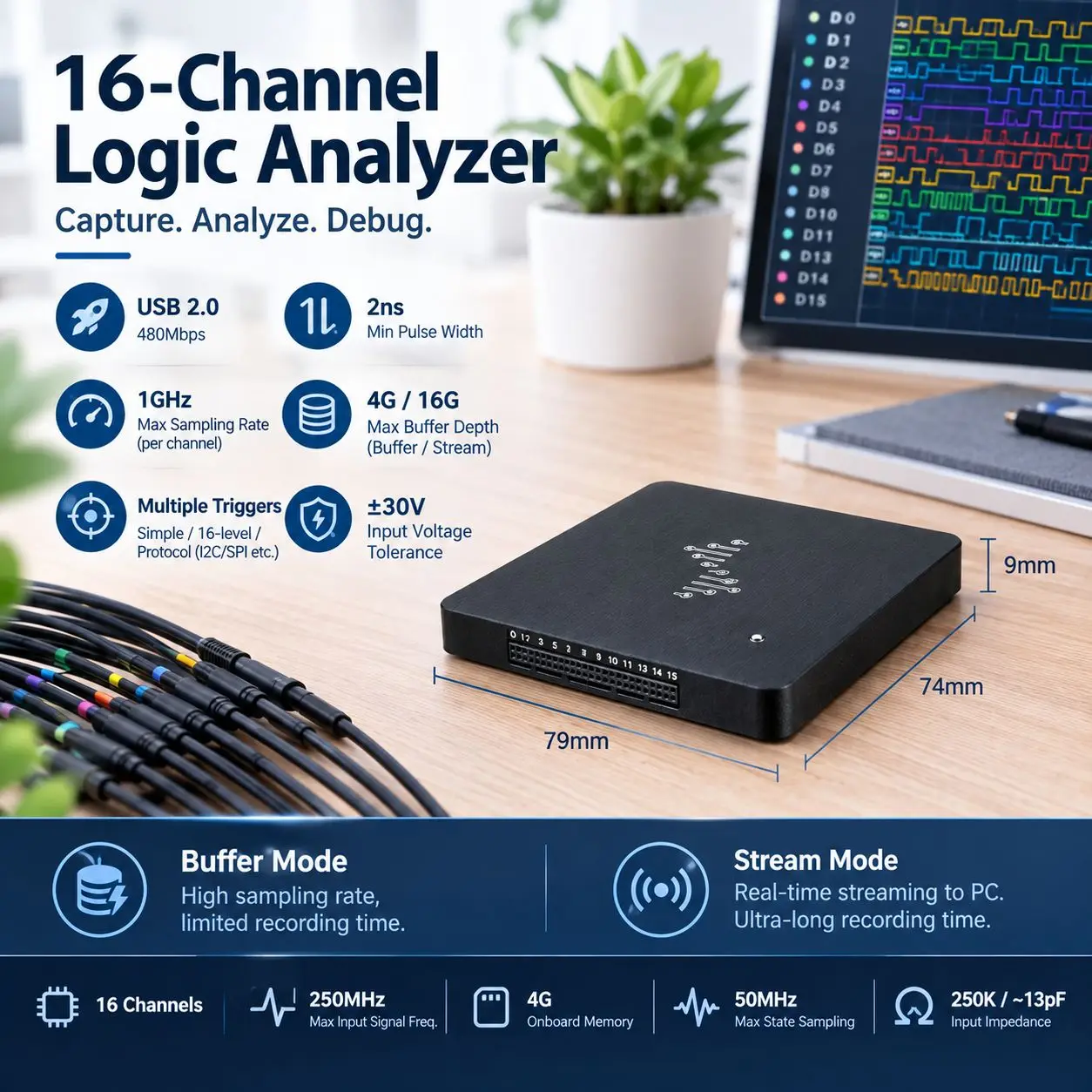 Neuer DSLogic U2Pro16 USB2.0 Logikanalysator 16CH 1GHz 500MHz – Bild 2