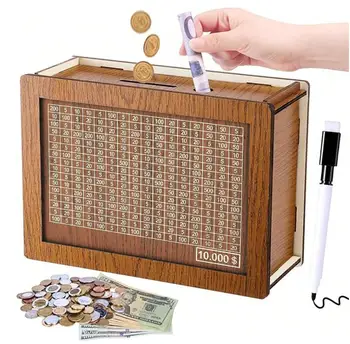 10000-Spar-Challenge-Box, Cashbox Kakeibo Geldsparbox, Geldtresor, Holz-Geldkassette