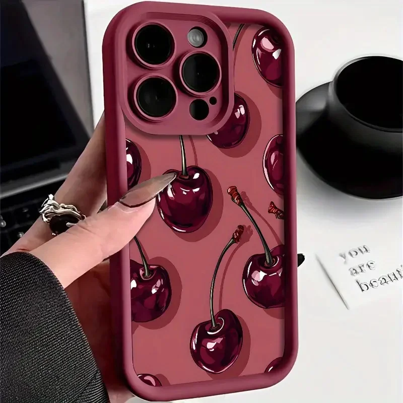 Luxuriöse weinrote Kirsch-Druckhülle für iPhone 16 15 17 Air
