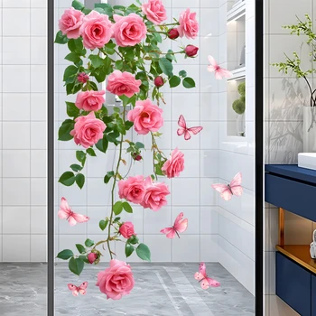 1 x Fensteraufkleber mit Blumenrebe, rosa Rose und Schmetterlingsdesign, Wandaufkleber für Badezimmer