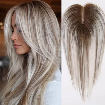 12 Zoll Seidenbasis Echthaar-Toupet für Frauen Platinblond Ombre Braune Ansätze Glattes Remy-Haar Toupet