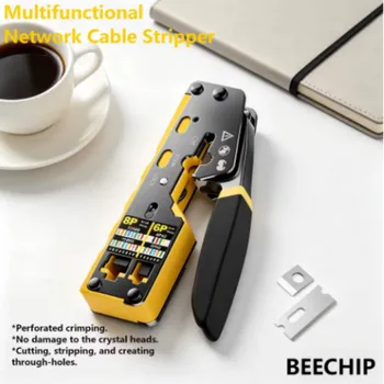 BEECHIP RJ45 Crimpzange Pass-Through Ethernet-Crimpwerkzeug für Cat6 Cat5 Cat5e RJ45-Stecker mit Ersatzklinge
