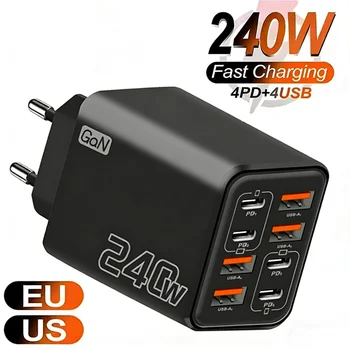 GaN USB-C Ladegerät 240 W, 8-in-1, EU/US-Stecker, für Handys