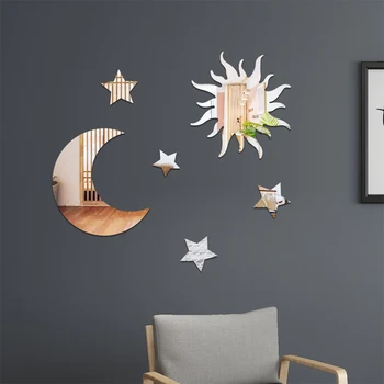Stern Mond Kombination Spiegel Acryl Stereo Selbstklebende Diy Schlafzimmer Wohnzimmer Kann (6 Stück)