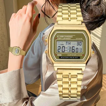 Elegante Digitaluhr für Frauen Gold Silber Edelstahl Business Damen elektronische Armbanduhren Mann Uhr