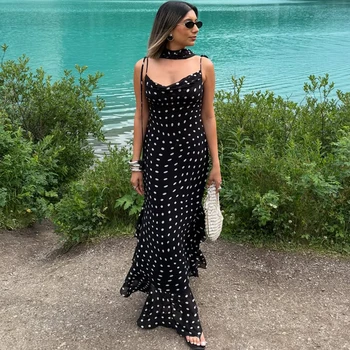 Tuularose Elegantes Polka-Dot Langes Kleid Sommer Schalband Rüschen Neckholder Plissiertes Kleid Luxuriöses