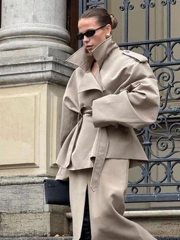 Solide Revers Spitze Up Trenchcoat Für Frauen Mode Lange Ärmel Breite Schulter Kurze Lose Mantel 2025, Neue