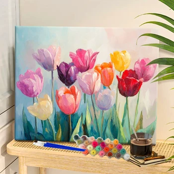 Malen nach Zahlen Bunte Tulpen Acrylfarbe Leinwand  Porträt Familie Kinder Foto