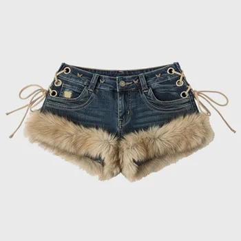 Winter Neue frauen Retro Design Flauschigen Spleißen Jeans Shorts Y2k Low-rise Strap Schlank Hot Pants
