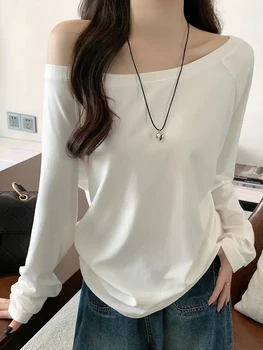 Übergroßes Off-Shoulder Langarm-T-Shirt für Damen Einfarbige Lässige Oberteile Frühling Herbst Basic Tees