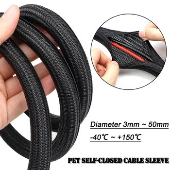 2/10 m schwarze, selbstschließende, geflochtene PET-Kabelhülse, Durchmesser 3 mm ~ 50 mm, verschleißfeste