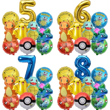 Pokemon-Luftballons-Set Pikachu Pokemon-Ballballons 32 Zoll Gold-Zahlenballon 1-9 für Kinder 1-9 (10 Stück)