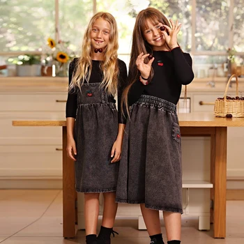 Denim Schwarz Familien-Matching-Set Langarm Kinderkleidung - Mädchenkleid Jungen Freizeithemd Baby-Strampler
