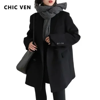 CHIC VEN Frauen Wolle Mischung Mantel Solide Mid Lange Woolen Blazer Dicke Warme Bluse frauen Mantel Büro Dame