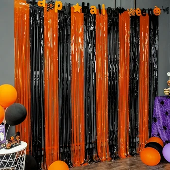 Schwarz-orangefarbene Halloween-Dekoration, Lametta-Folien-Fransen-Hintergrund für Fotokabinen-Requisiten