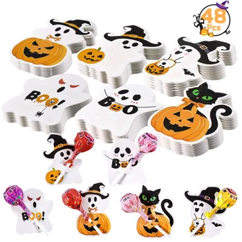Halloween-Lollipop-Halterkarten mit niedlichem Kürbis-Geister-Muster für Geburtstag (48 Stück)