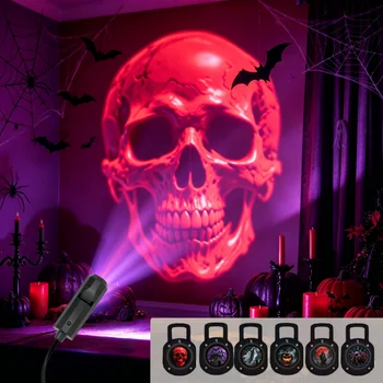 Halloween USB LED-Projektionslampe, 3/6 Stück Musterlichter Geist, Fledermaus, Spinne, Skelett