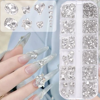 1 Box 3D-klare Nagelkunst-Strasssteine, 12 Formen, gemischt, oval, Schmetterling, Herz, Blume, runde