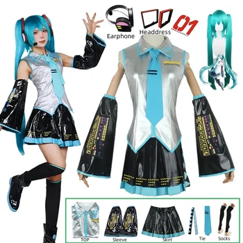 Miku Cosplay Komplettset Silber Leder Stoff Anzug Miku Cosplay Kopfbedeckung Kostüm Outfit JK Matrosenkleid